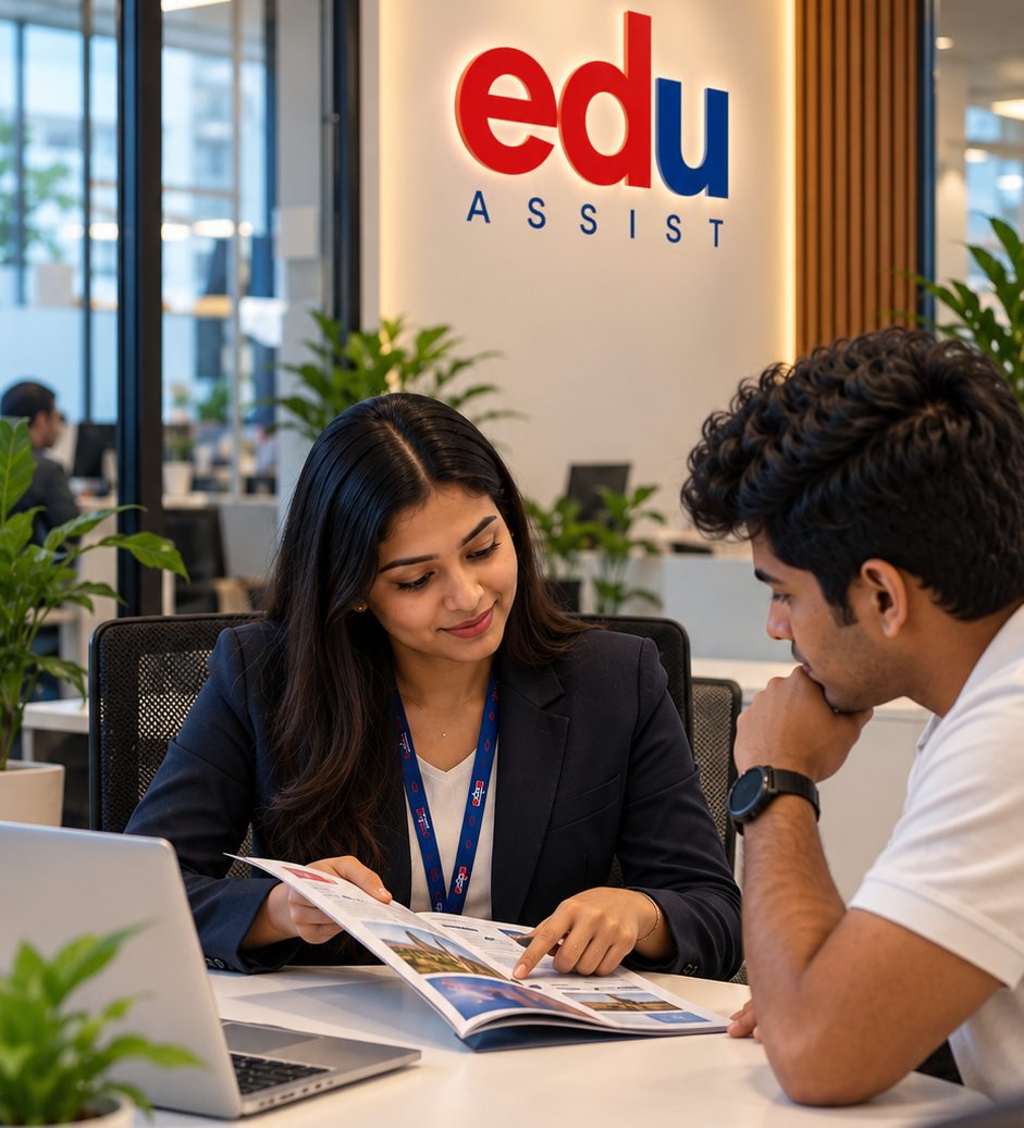 An Edu Assist advisor going through study abroad information with a student